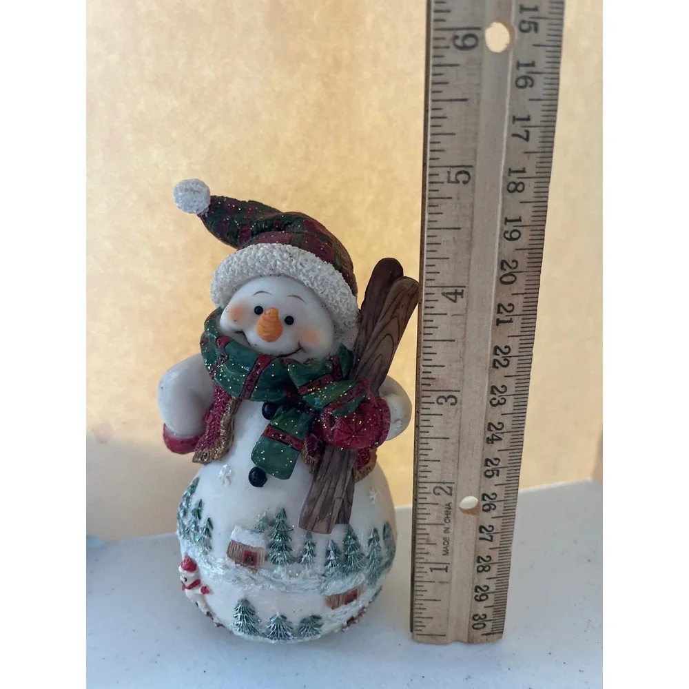 Glittery Snowman Figurine with Skis Red Vest Plaid Scarf Winter Decor 5.5 Inch